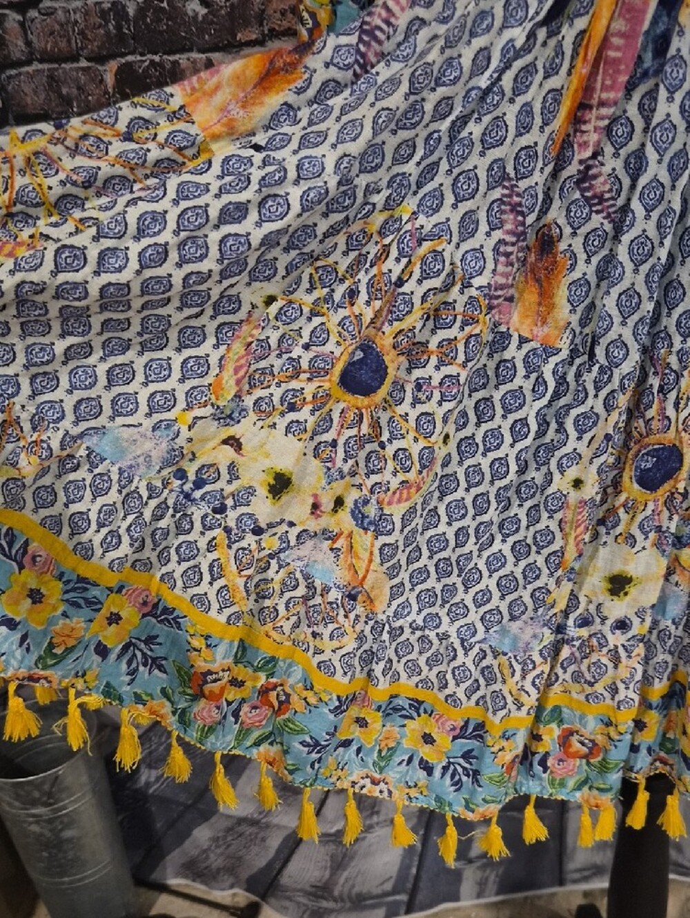 Antica Sortoria Embroidered Floral Long-Sleeve Tassel Dress in Blue and Yellow - Picture 6 of 12